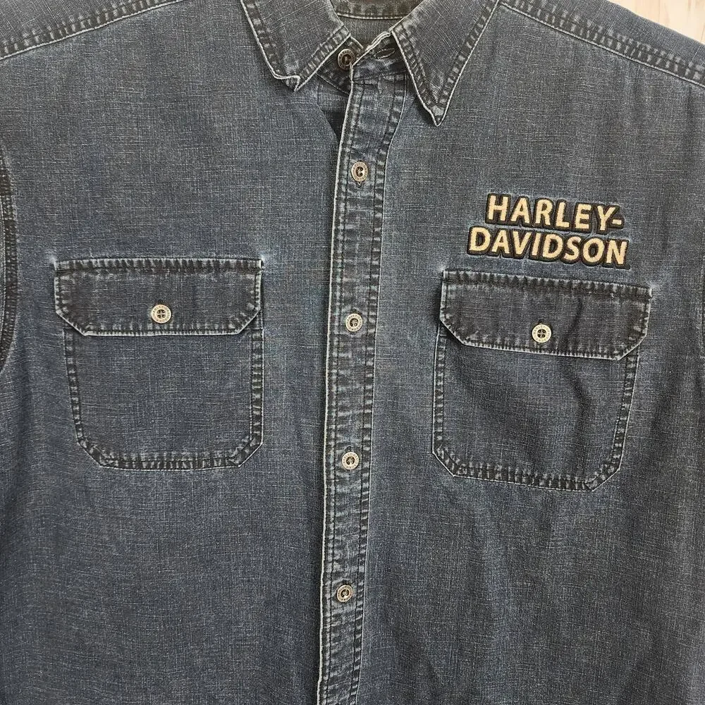 Men's Harley Davidson Button Up Short Sleeve Denim Patch Shirt 2XL - Picture 3 of 5